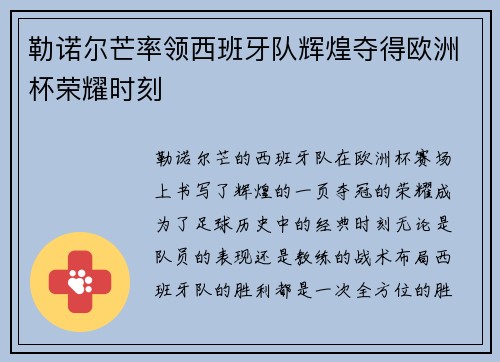 勒诺尔芒率领西班牙队辉煌夺得欧洲杯荣耀时刻